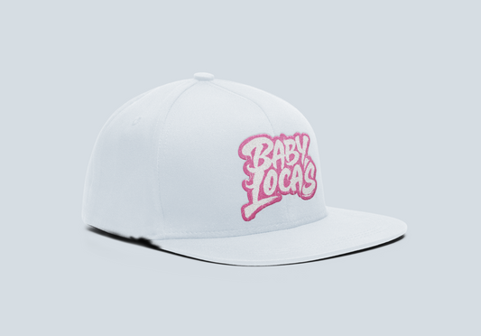 Baby Locas-White Snapback Hat-Pink-"Baby Locas" Logo