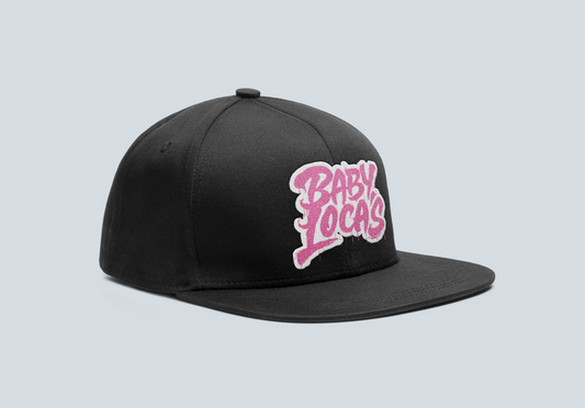 Baby Locas-Black Snapback Hat-Pink/White-"Baby Locas" Logo