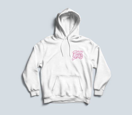 Baby Locas Premium White Hoodie-Pink "Baby Locas" Logo