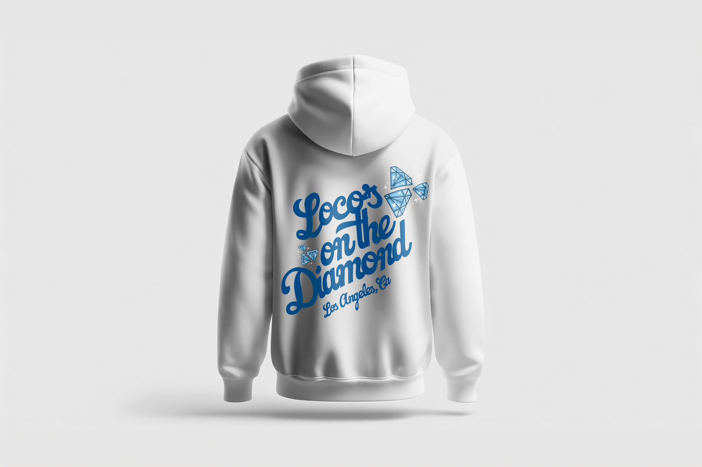 Go Loco x LA Premium Blue & White Hoodie - Back "Locos on the Diamond LA"