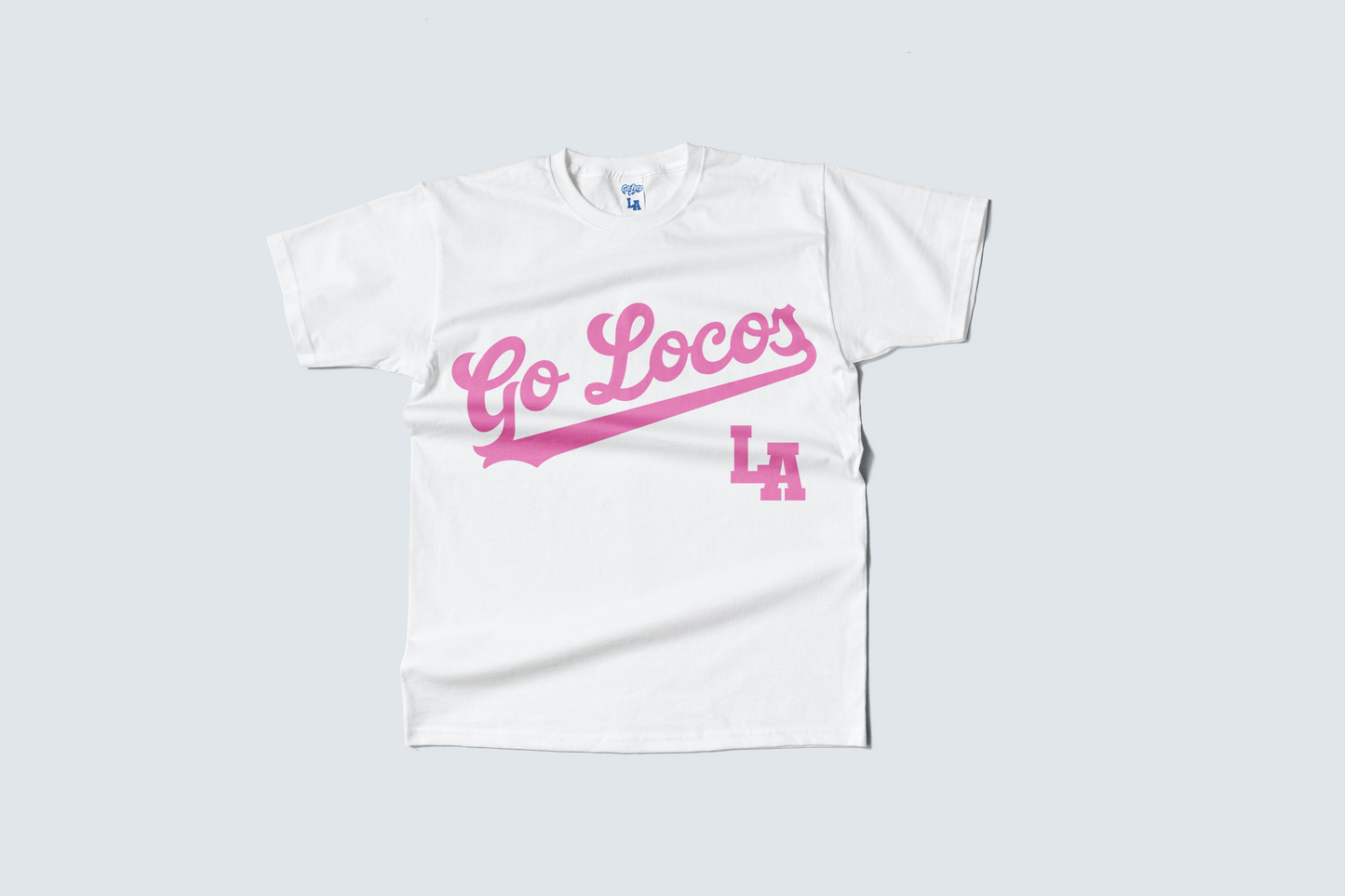 Go Loco x LA Premium Blue & White Short Sleeve T-Shirt - "Pink Go Locos, LA"