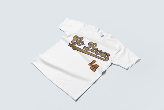 Go Loco x LA Premium White Short Sleeve T-Shirt - "Gold Go Locos, LA"